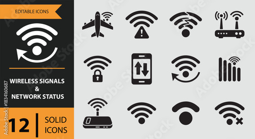 12 Wireless Signals and Network Status Icons solid icon set Wireless Signal Network Status Solid Icons Pack