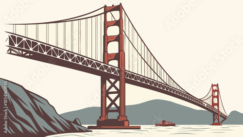 Golden gate bridge with boat sailing in stunning landscape. Suitable for travel brochures, vacation websites, and california tourism promotions.