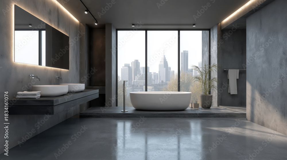 Fototapeta premium Modern bathroom with matte grey concrete floor and minimal white fixtures, natural lighting