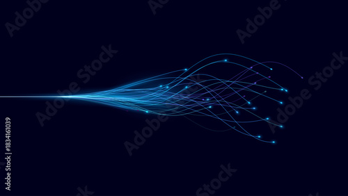 Fiber Optic, Technology, Tech Data Flow and Internet Speed Concept with Glowing Lines on Dark Blue Background. Futuristic Digital Network. Computer Science Concept. Vector Illustration.