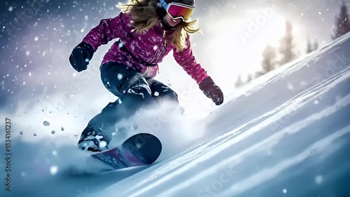 A dynamic action shot of a snowboarder in action on a snowy slope. The style is actionoriented, with a focus on capturing the essence of the sport. The main subject is a snowboarding rider.