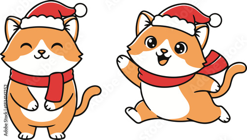 A charming vector illustration of a cute orange tabby cat character in two festive poses, wearing a red Santa hat and scarf, standing happily with closed eyes and running playfully while waving.