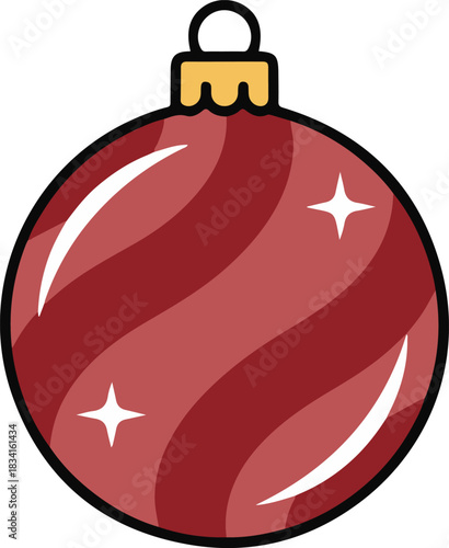 A shiny, red Christmas bauble vector illustration featuring diagonal tonal stripes, white sparkle highlights, and a gold cap, designed in a bold cartoon style.