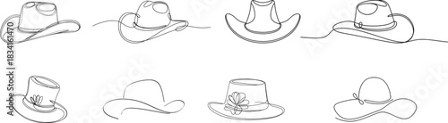 One line drawing. cowboy hat one line art collection. hand drawn continuous line vector art.