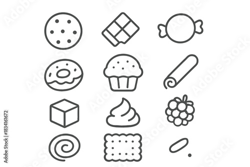 Sweet Treat Icons. Sweet treats. Line outline icon set of Sweet treats: cookie, chocolate bar, candy, donut,