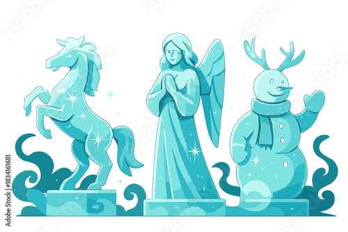 Shimmering Ice Sculptures. Ice sculpture festival. Towering ice figures shimmer under soft spotlights;