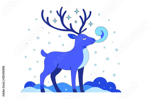 Majestic Reindeer Snowfall. Reindeer in the snow. A calm reindeer stands in drifting flakes, its breath