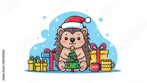 Cute cartoon hedgehog wearing a santa hat holding a decorated christmas tree surrounded by presents and hot drinks on a snowy blue background