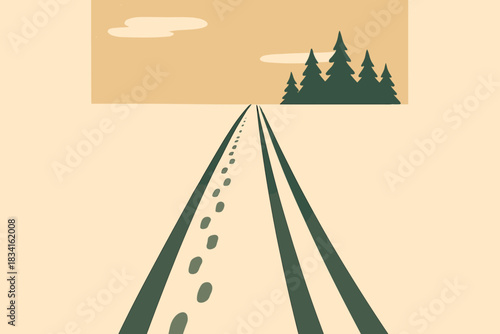 Snowy Path Tranquility. Snow trail footprints minimalist flat illustration of two parallel tracks leading