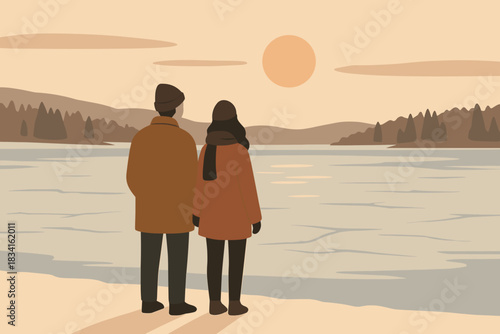 Lakeside Winter Romance. Lakeside winter date minimalist flat illustration of a couple standing by a frozen