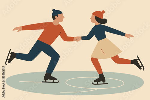 Retro Skating Duo. Skating pair minimalist flat illustration of a couple gliding across an icy rink, simple