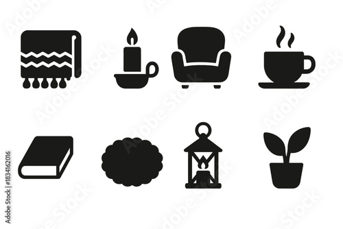 Hygge Icon Collection. Hygge interior. Filled icon set of Hygge interior: wool blanket, candle holder,