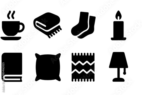 Winter Essentials Icons. Winter relaxation. Filled icon set of Winter relaxation: tea cup, soft blanket, socks