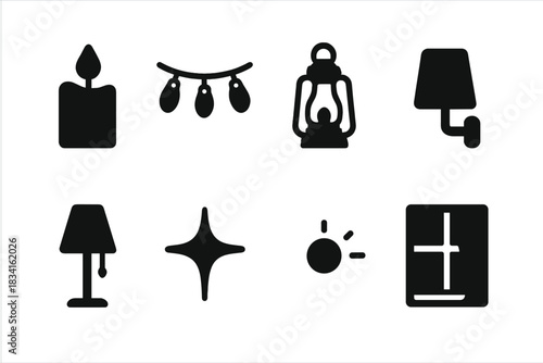 Cozy Lighting Icons. Cozy lighting decor. Filled icon set of Cozy lighting decor: candle, string lights,