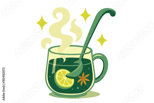 Glowing Mulled Wine. Cozy winter drink. A glass ladle dips into warm mulled wine as aromatic mist swirls