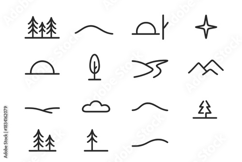 Twilight Forest Icons. Twilight forest. Line outline icon set of Twilight forest: pine row, soft hill, dipping