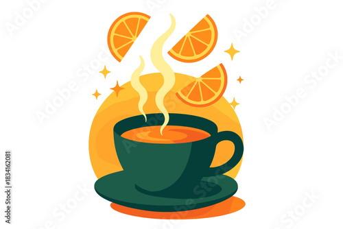 Citrus-Infused Warmth. Citrus-infused warmth. Orange slices hover above the steaming drink as tiny spark lines
