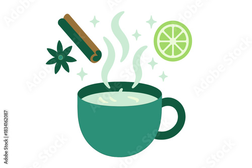 Warm Spiced Drink. Warm spiced blend. Cinnamon, anise, and citrus float above the drink, framed by rising