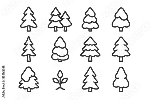 Snow-Crested Pine Icons. Snow-crested pines. Line outline icon set of Snow-crested pines: tall pine, double