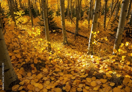 Bright golden yellow aspen leaves cover the forest floor during peak autumn. The vibrant color signifies the changing season and beautiful nature ,outdoor ,scenic ,colorful