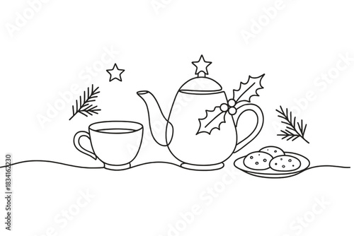 Minimalist Christmas Tea. Christmas tea time. Minimalistic one-line drawing teapot, cup, and biscuit plate