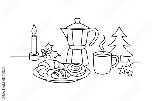 Minimalist Holiday Breakfast. Christmas morning spread. Minimalistic one-line drawing coffee pot, pastries,