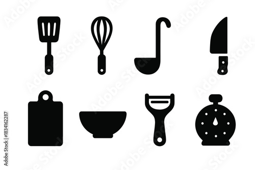 Essential Kitchen Tools Icons. Kitchen tools. Filled icon set of Kitchen tools: spatula, whisk, ladle, knife,