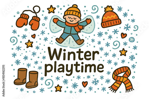 Winter Doodle Fun. Winter playtime. Hand-drawn doodle illustration of Winter playtime. snow angels, mittens,