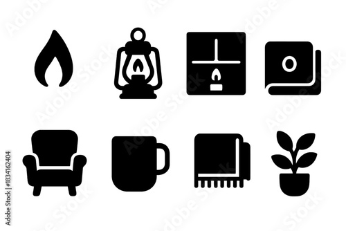 Candlelit Icon Set. Candlelit interior. Filled icon set of Candlelit interior: candle flame, lantern, window