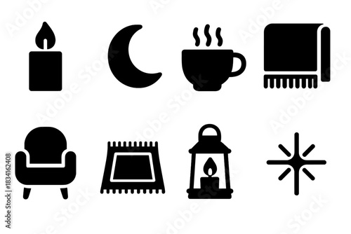 Hygge Night Icons. Hygge night setup. Filled icon set of Hygge night setup: candle, moon, tea cup, blanket,
