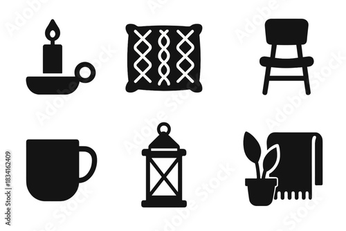 Scandinavian Hygge Icons. Scandinavian hygge. Filled icon set of Scandinavian hygge: candle holder, knit