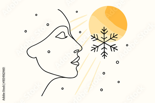 Golden Hour Elegance. Golden hour snow portrait. Minimalistic one-line drawing of a face side-profile with a