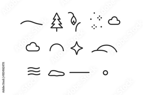 Gentle Fall Icons. Gentle fall scene. Line outline icon set of Gentle fall scene: soft hill, lone pine, snow