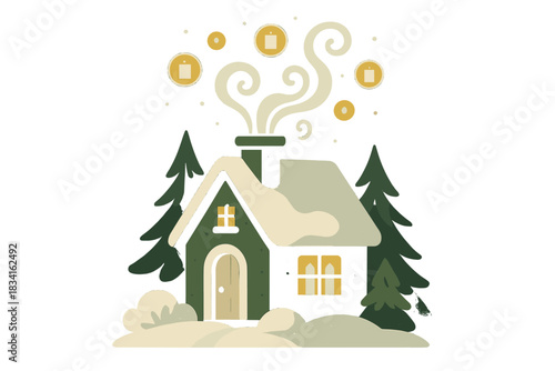 Whimsical Snowy Cottage. Enchanted cottage lights. A whimsical snowy home shines with floating lantern orbs