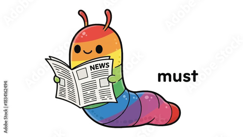 Konstfotografi Curious Caterpillar's Chronicle: A vibrant cartoon caterpillar, resplendent in rainbow hues, is absorbed in the daily news, showcasing playful learning and information engagement