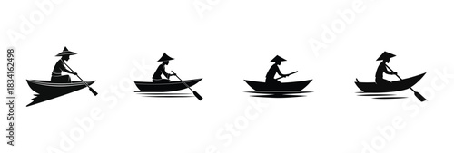 Collection of boatman rowing on river silhouette vector