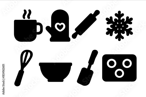Cozy Baking Icons. Cozy baking moments. Filled icon set of Cozy baking moments: mug, mitten, rolling pin,