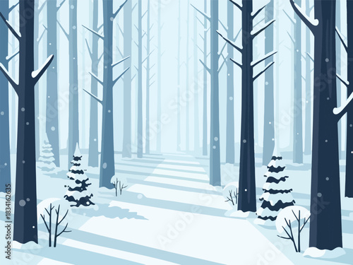 Stylized winter forest scene with snowcovered path and dark tree trunks