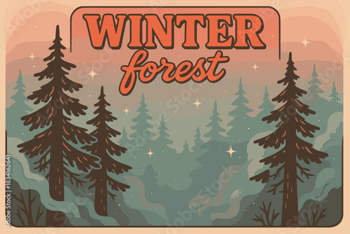 Misty Vintage Forest. Winter forest with fog. 70s poster vibe, muted cool gradient atmosphere, thick outlines,