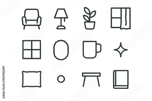 Minimal Indoor Icons. Calm indoor scene. Line outline icon set of Calm indoor scene: simple chair, lamp base,