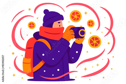 Traveler Captures Snowfall. Traveler in snowfall. A bundled tourist snaps a photo while snow swirls in looping