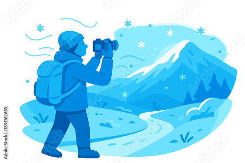 Hiker's Snowy Adventure. Tourist on snowy trail. A hiker raises a camera toward a glowing ridge; gentle motion