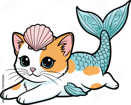 A cute calico cat mermaid, or purrmaid, with a seashell on its head. This whimsical fantasy creature has a turquoise fish tail and big eyes