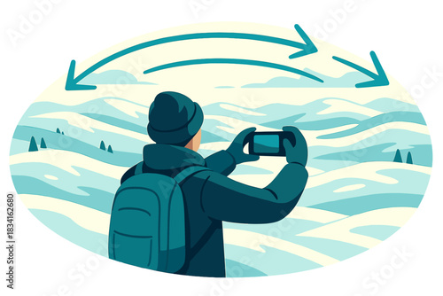 Winter Panorama Capture. Snowfield panorama. A tourist holds a camera wide, capturing endless snowy hills