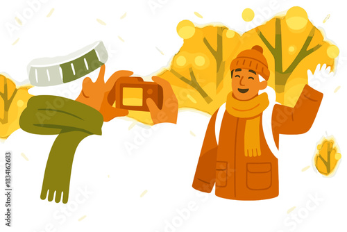 Winter Glow Snapshot. Winter portrait capture. A traveler photographs a friend against glowing winter trees;