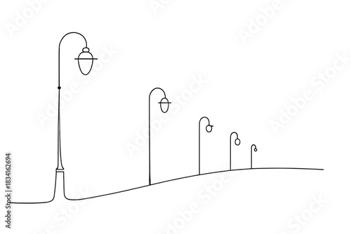 Elegant Twilight Lanterns. Twilight lantern row. Minimalistic one-line drawing line of lantern posts along a