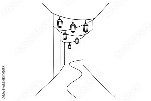 Dusk Lantern Alley. Dusk lantern alley. Minimalistic one-line drawing narrow path with hanging lantern