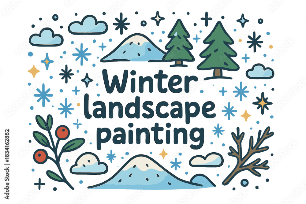 Fototapeta premium Winter Wonderland Doodle. Winter landscape painting. Hand-drawn doodle illustration of Winter landscape