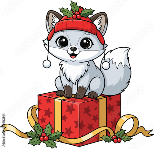 A cute cartoon arctic fox, wearing a festive red winter hat with holly, sits cheerfully on a red Christmas gift box
