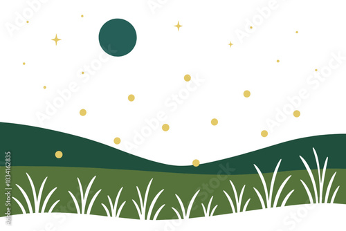 Minimalist Firefly Meadow. Firefly night scene minimalist flat illustration of glowing insect-like dots